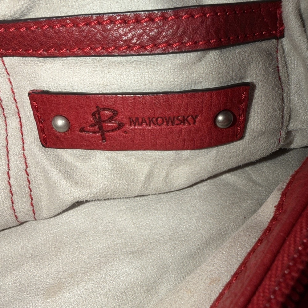 B. Makowsky Red Shoulder Bag Gun Metal Silver Hardware Pockets Double Handles - Picture 4 of 10